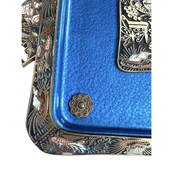 Mid Century Enamel on Brass Carved Footed Tray Dish Bowl Isreal fish wine grapes - Picture 5 of 16